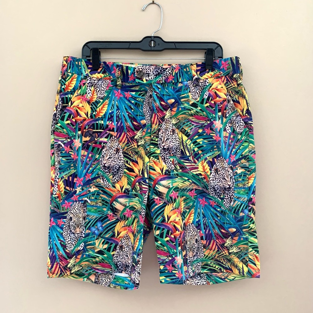 Loudmouth men’s golf Bermuda shorts , tropical jungle with leopard print Size 34